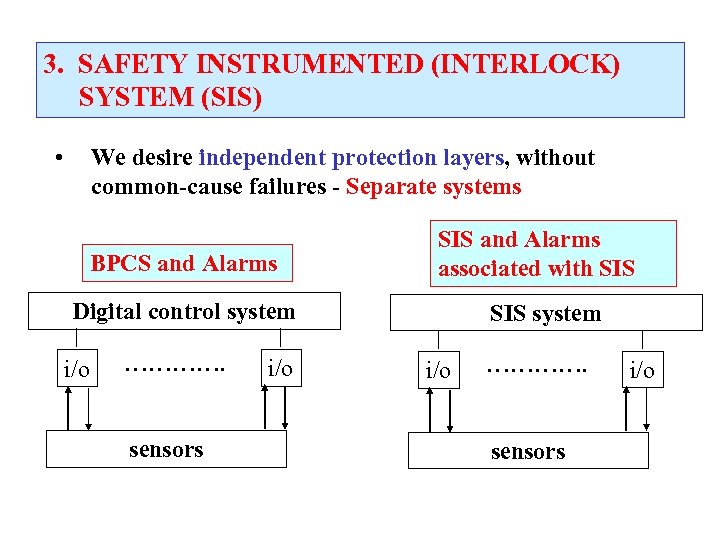 3. SAFETY INSTRUMENTED (INTERLOCK) SYSTEM (SIS) • We desire independent protection layers, without common-cause