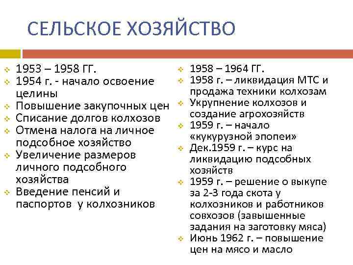 СЕЛЬСКОЕ ХОЗЯЙСТВО v v v v 1953 – 1958 ГГ. 1954 г. - начало