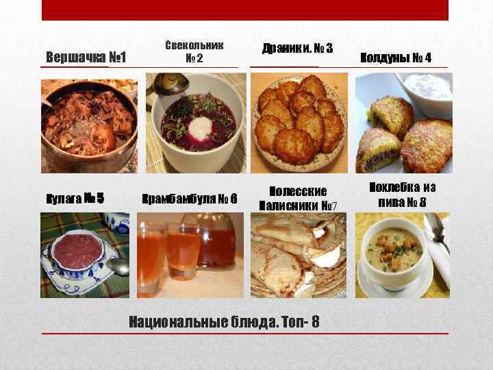 Вершачка № 1 Кулага № 5 Свекольник № 2 Крамбамбуля № 6 Драники. №