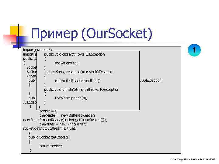Пример (Our. Socket) import java. net. *; import java. io. *; public void close()throws