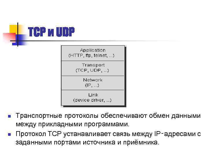 TCP и UDP n n Транспортные протоколы обеспечивают обмен данными между прикладными программами. Протокол