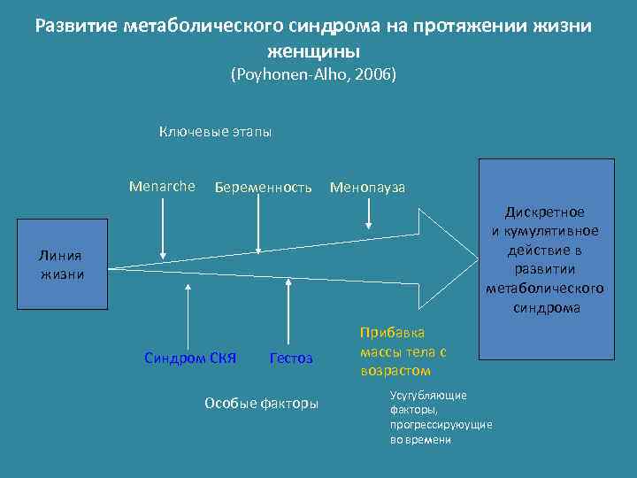 Развитие метаболического синдрома на протяжении жизни женщины (Poyhonen-Alho, 2006) Ключевые этапы Menarche Беременность Meнопауза