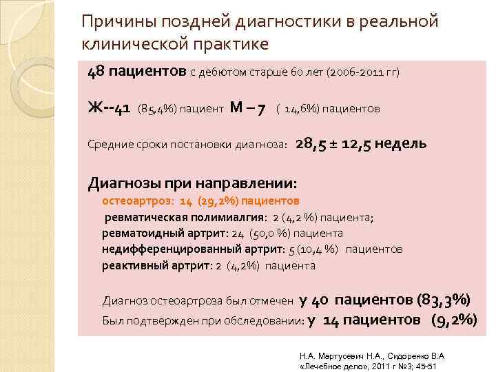 Причины поздней диагностики в реальной клинической практике 48 пациентов с дебютом старше 60 лет