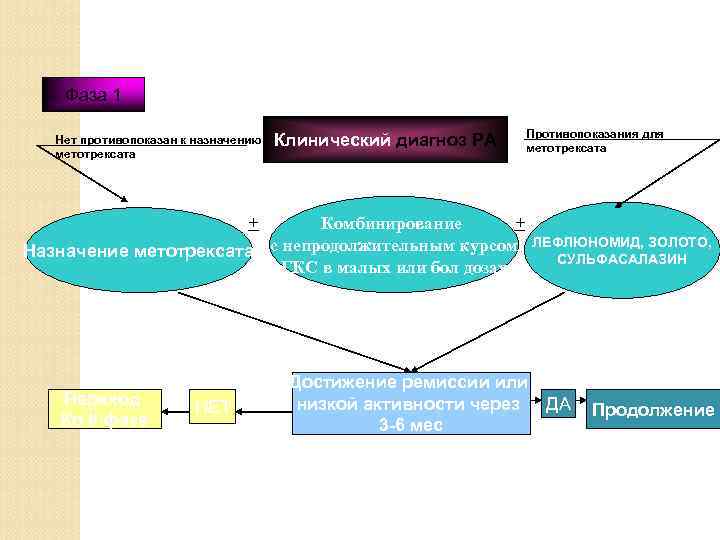 Фаза 1 Нет противопоказан к назначению метотрексата Клинический диагноз РА Противопоказания для метотрексата +