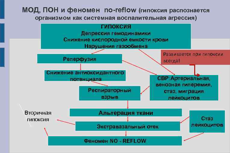 МОД, ПОН и феномен no-reflow (гипоксия распознается организмом как системная воспалительная агрессия) ГИПОКСИЯ Депрессия