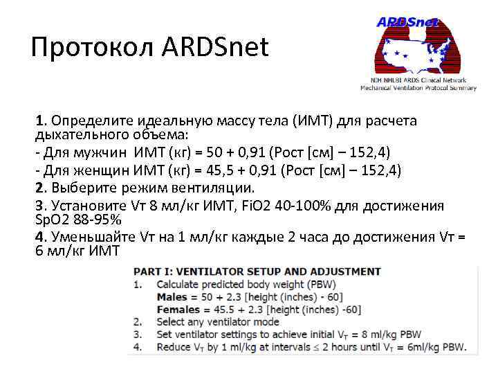 Протокол ARDSnet 1. Определите идеальную массу тела (ИМТ) для расчета дыхательного объема: - Для