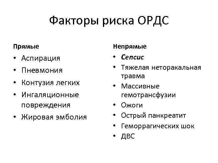 Факторы риска ОРДС Прямые Непрямые Аспирация Пневмония Контузия легких Ингаляционные повреждения • Жировая эмболия