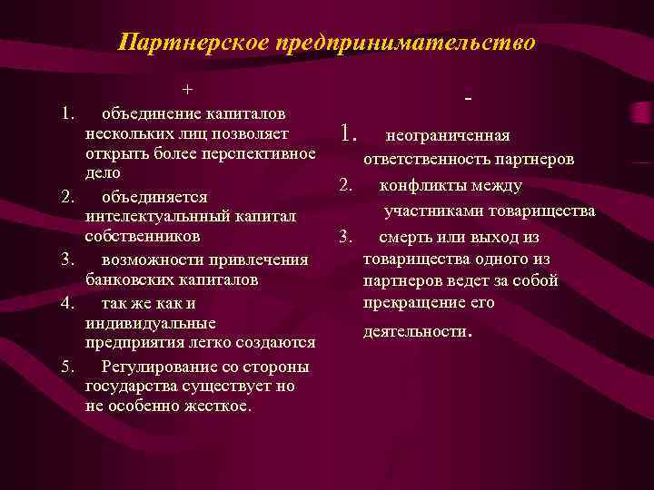 Партнерское предпринимательство + 1. объединение капиталов нескольких лиц позволяет открыть более перспективное дело 2.