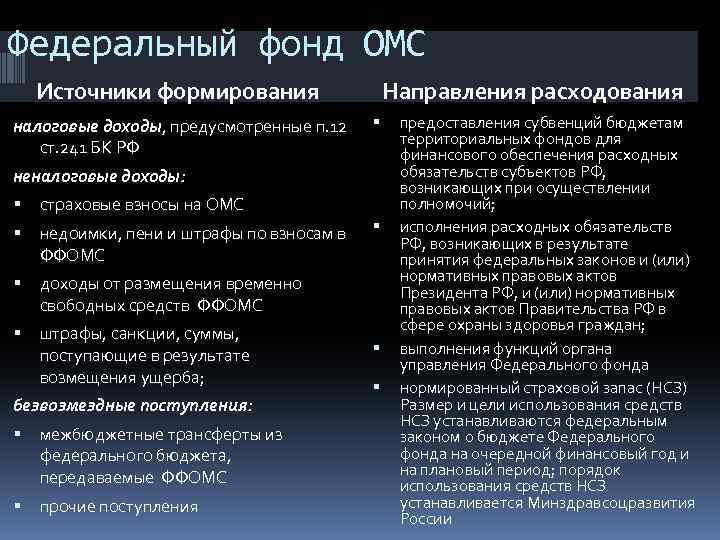 Федеральный фонд ОМС Источники формирования налоговые доходы, предусмотренные п. 12 ст. 241 БК РФ