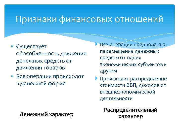 Признаки финансовых отношений Существует обособленность движения денежных средств от движения товаров Все операции происходят