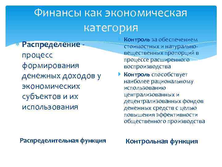 Финансы как экономическая категория Распределение процесс формирования денежных доходов у экономических субъектов и их