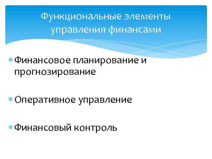 Функциональные элементы управления финансами Финансовое планирование и прогнозирование Оперативное управление Финансовый контроль 