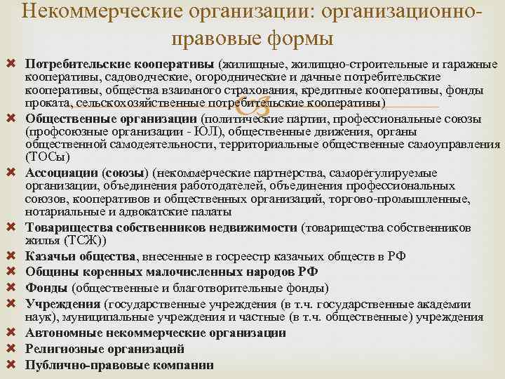 Некоммерческие организации: организационноправовые формы Потребительские кооперативы (жилищные, жилищно-строительные и гаражные кооперативы, садоводческие, огороднические и