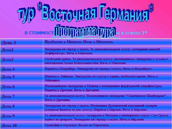 В СТОИМОСТЬ ТУРА ВХОДИТ: Проживание в отелях 3* Питание – завтраки (шв. стол) Прибытие