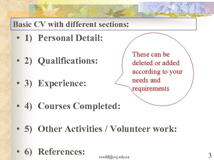 Basic CV with different sections: • 1) Personal Detail: These can be deleted or