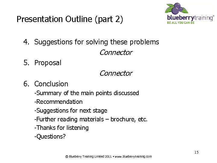 Presentation Outline (part 2) 4. Suggestions for solving these problems Connector 5. Proposal Connector