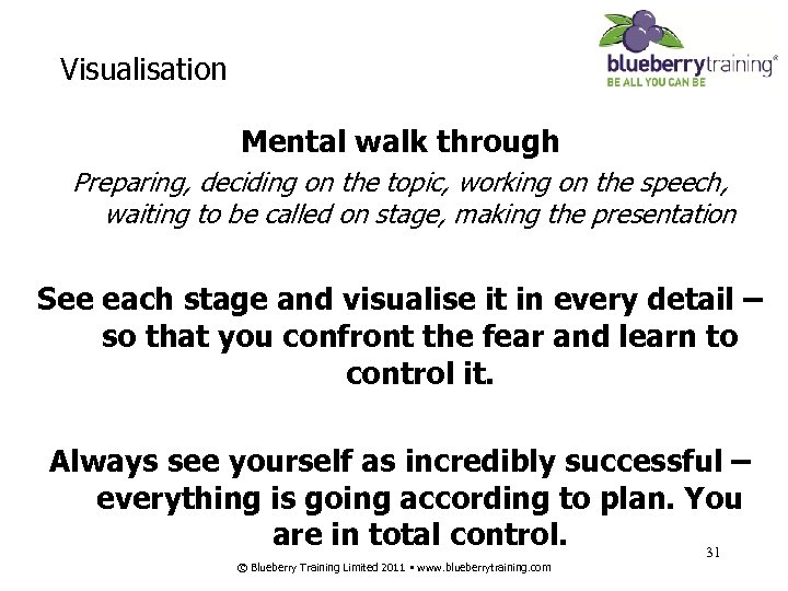Visualisation Mental walk through Preparing, deciding on the topic, working on the speech, waiting