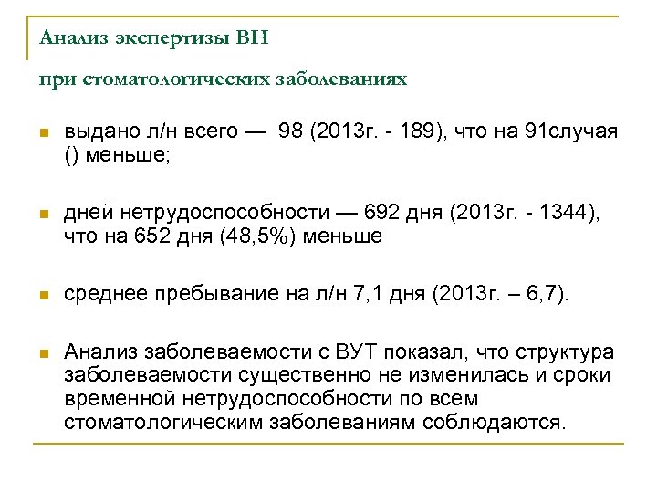 Анализ экспертизы ВН при стоматологических заболеваниях n выдано л/н всего — 98 (2013 г.