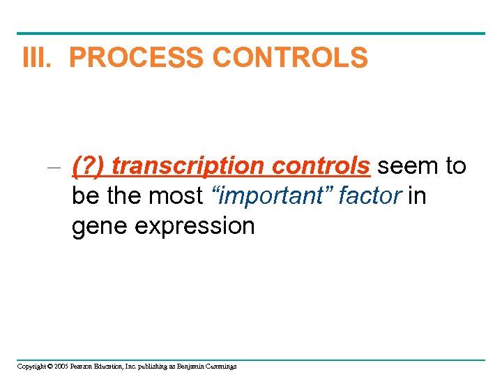 III. PROCESS CONTROLS – (? ) transcription controls seem to be the most “important”