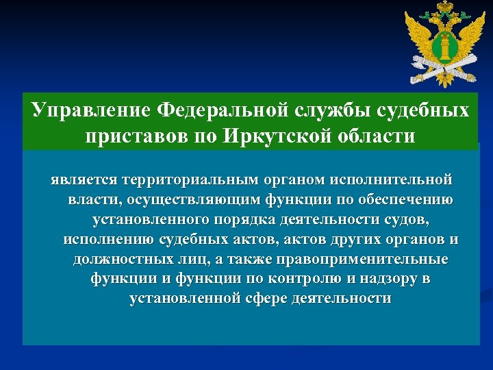 Управление Федеральной службы судебных приставов по Иркутской области является территориальным органом исполнительной власти, осуществляющим