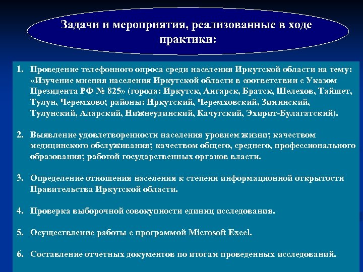 Задачи и мероприятия, реализованные в ходе практики: 1. Проведение телефонного опроса среди населения Иркутской