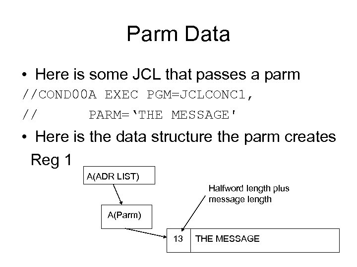 Parm Data • Here is some JCL that passes a parm //COND 00 A