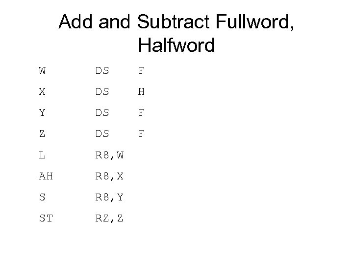 Add and Subtract Fullword, Halfword W DS F X DS H Y DS F