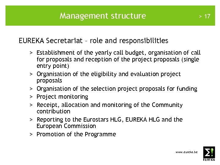 Management structure > 17 EUREKA Secretariat – role and responsibilities > Establishment of the