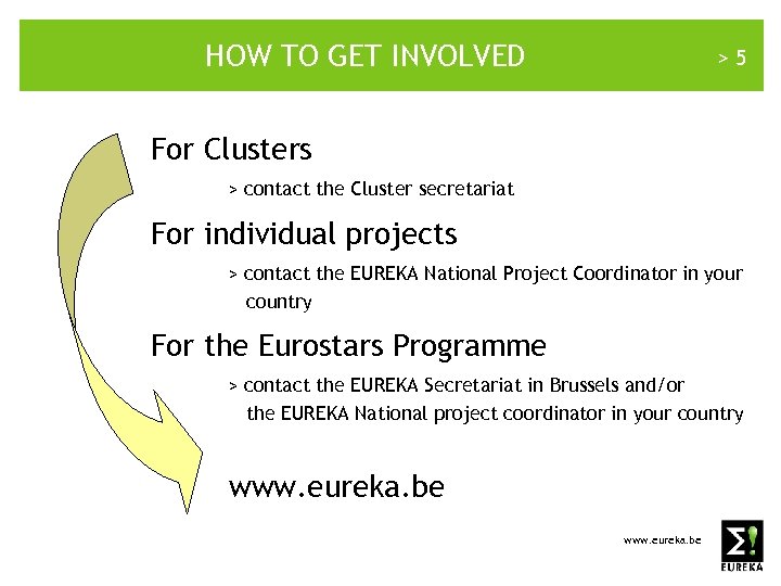 HOW TO GET INVOLVED >5 For Clusters > contact the Cluster secretariat For individual