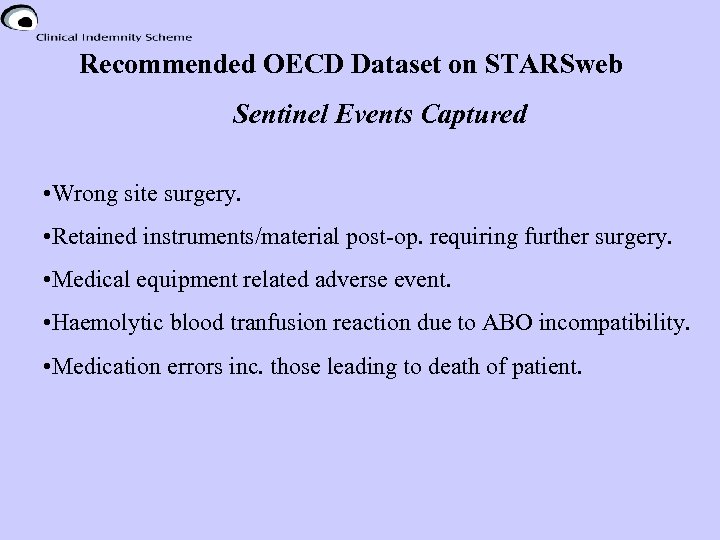 Recommended OECD Dataset on STARSweb Sentinel Events Captured • Wrong site surgery. • Retained