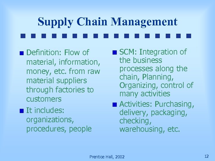 Supply Chain Management Definition: Flow of material, information, money, etc. from raw material suppliers