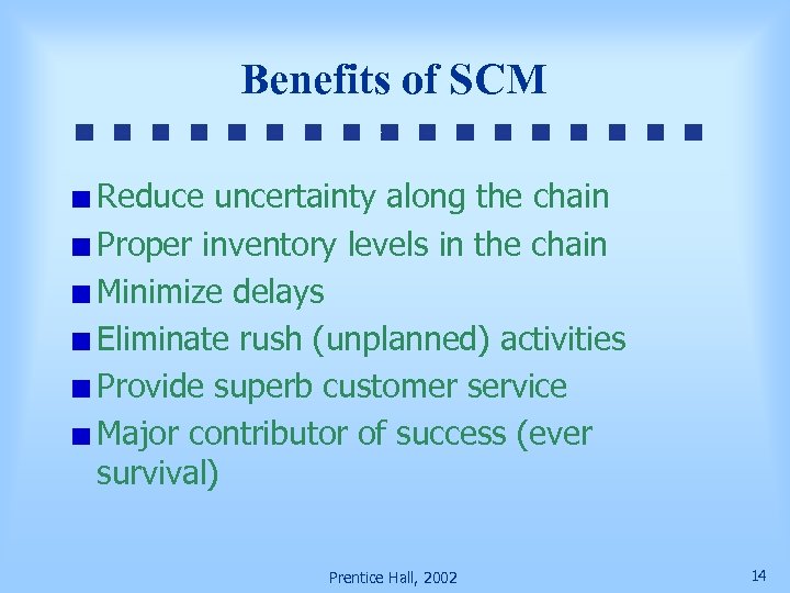 Benefits of SCM Reduce uncertainty along the chain Proper inventory levels in the chain
