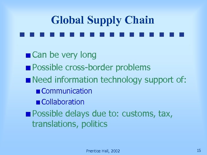 Global Supply Chain Can be very long Possible cross-border problems Need information technology support