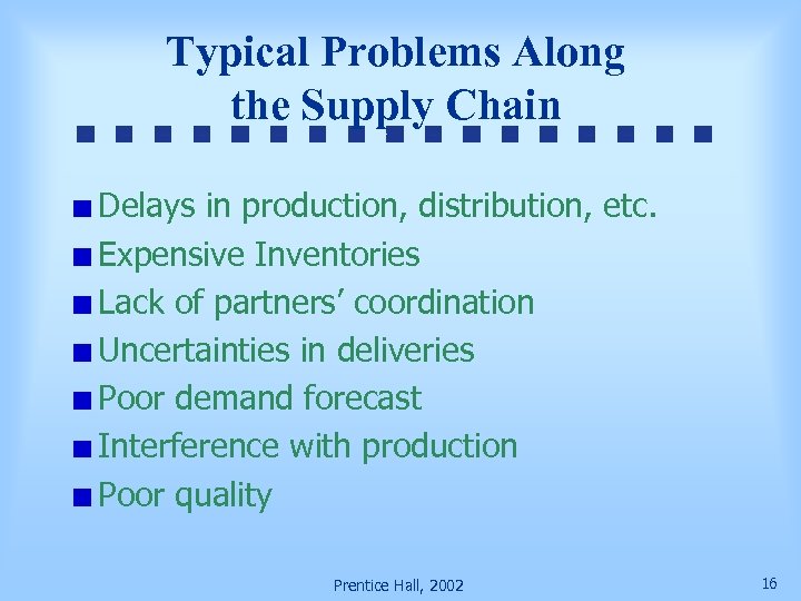 Typical Problems Along the Supply Chain Delays in production, distribution, etc. Expensive Inventories Lack