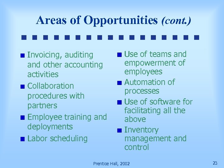 Areas of Opportunities (cont. ) Invoicing, auditing and other accounting activities Collaboration procedures with