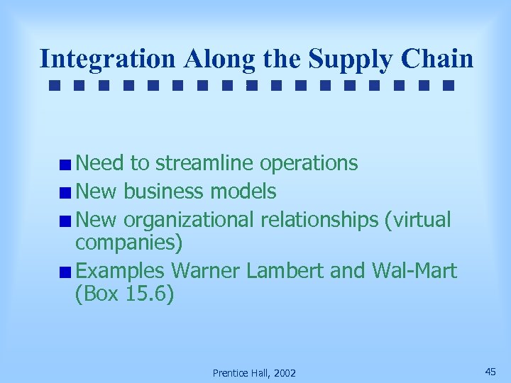 Integration Along the Supply Chain Need to streamline operations New business models New organizational
