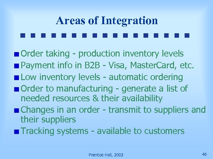 Areas of Integration Order taking - production inventory levels Payment info in B 2