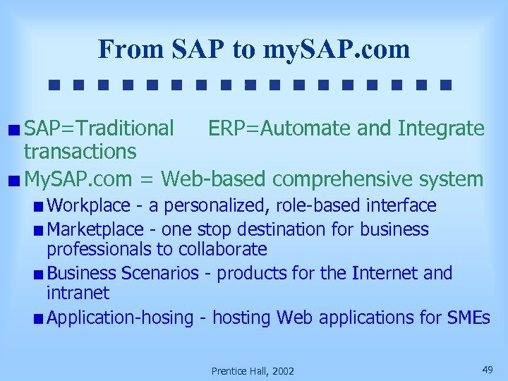 From SAP to my. SAP. com SAP=Traditional ERP=Automate and Integrate transactions My. SAP. com