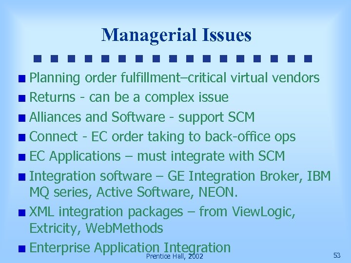 Managerial Issues Planning order fulfillment–critical virtual vendors Returns - can be a complex issue