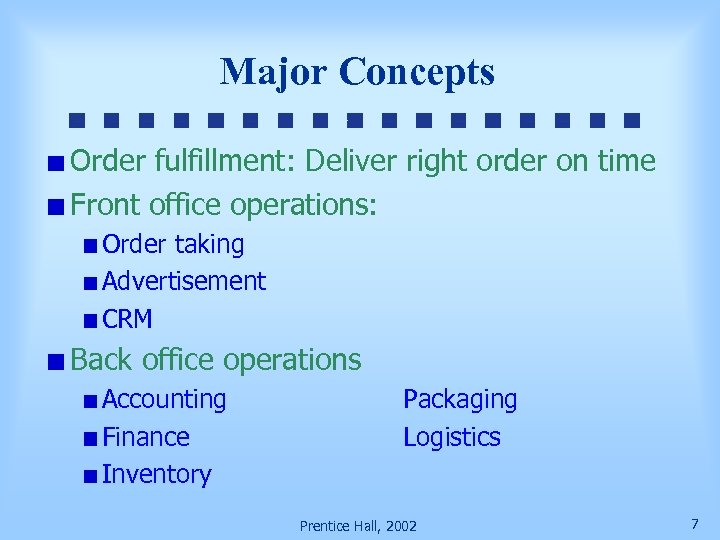 Major Concepts Order fulfillment: Deliver right order on time Front office operations: Order taking