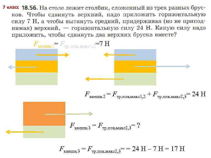 7 класс Fвнешн. 1= Fтр. пок. макс1, 2=7 Н Fвнешн. 2 = Fтр. пок.