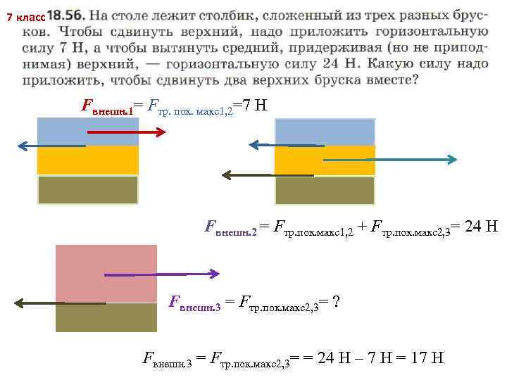 7 класс Fвнешн. 1= Fтр. пок. макс1, 2=7 Н Fвнешн. 2 = Fтр. пок.