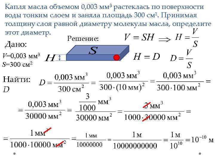 Капля масла объемом 0, 003 мм³ растеклась по поверхности воды тонким слоем и заняла