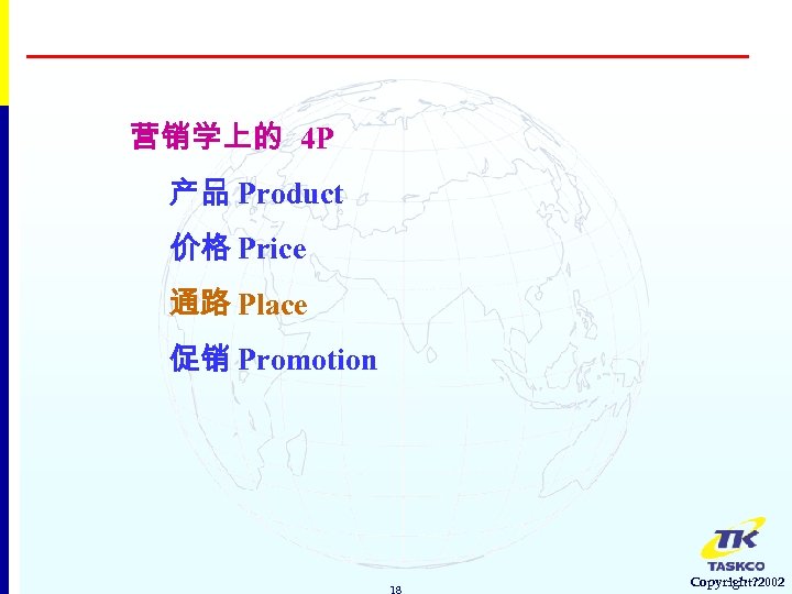 营销学上的 4 P 产品 Product 价格 Price 通路 Place 促销 Promotion 18 Copyright? 2002