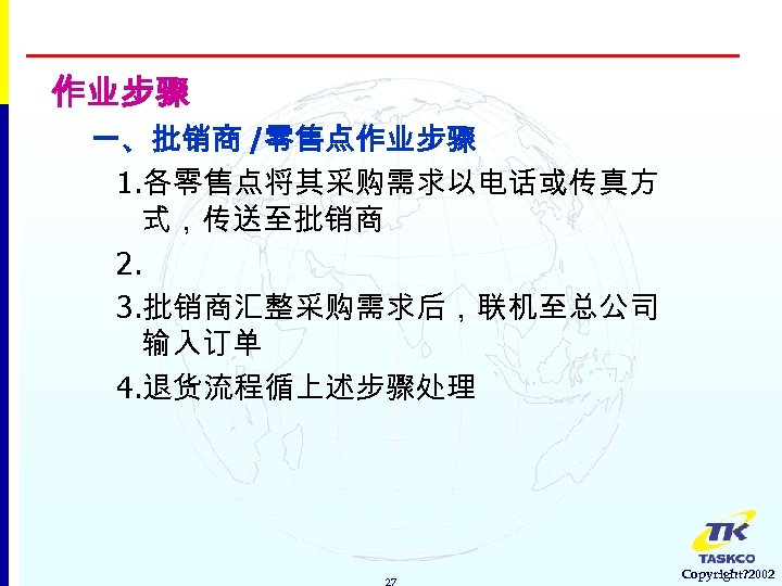 作业步骤 一、批销商 /零售点作业步骤 1. 各零售点将其采购需求以电话或传真方 式，传送至批销商 2. 3. 批销商汇整采购需求后，联机至总公司 输入订单 4. 退货流程循上述步骤处理 27 Copyright?