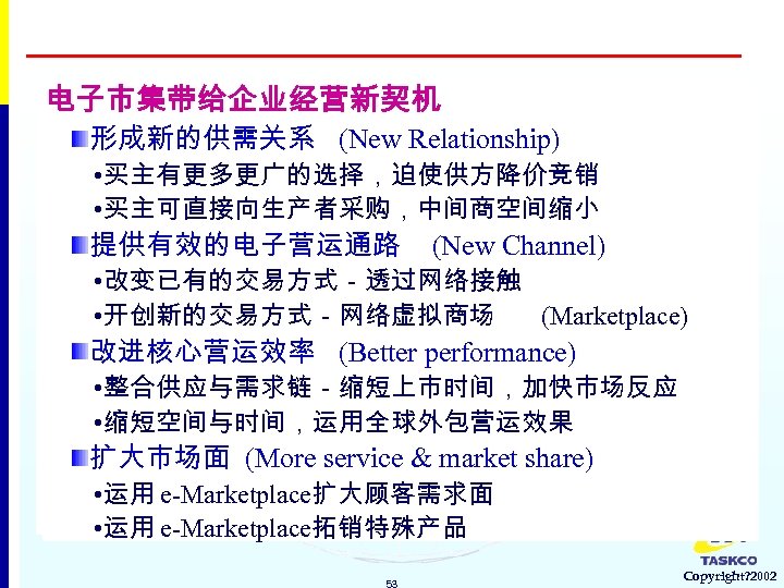 电子市集带给企业经营新契机 形成新的供需关系 (New Relationship) • 买主有更多更广的选择，迫使供方降价竞销 • 买主可直接向生产者采购，中间商空间缩小 提供有效的电子营运通路 (New Channel) • 改变已有的交易方式－透过网络接触 •