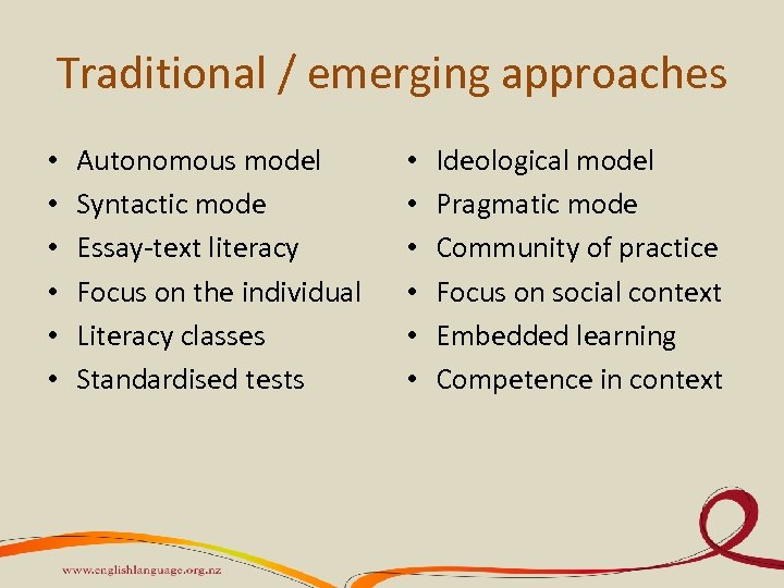 Traditional / emerging approaches • • • Autonomous model Syntactic mode Essay-text literacy Focus