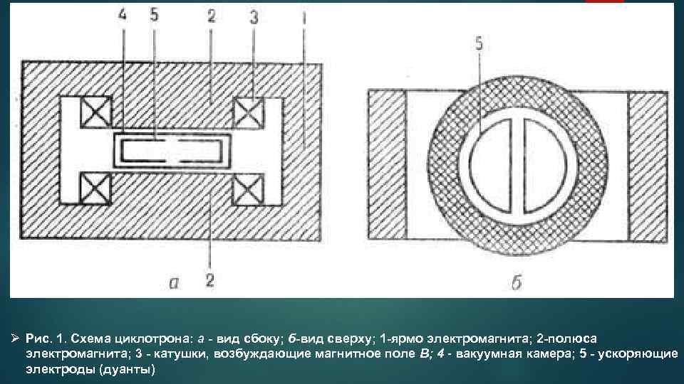 Ø Рис. 1. Схема циклотрона: а - вид сбоку; б-вид сверху; 1 -ярмо электромагнита;
