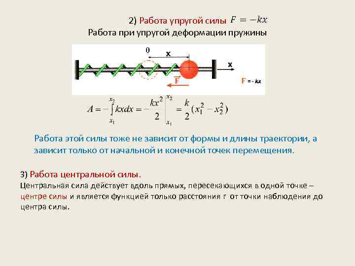 2) Работа упругой силы Работа при упругой деформации пружины Работа этой силы тоже не