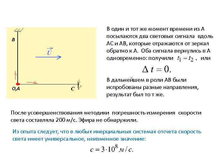 В один и тот же момент времени из А посылаются два световых сигнала вдоль